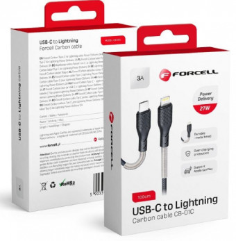 Forcell Carbon kábel, Type-C - Lightning , fekete, 27W, 1M