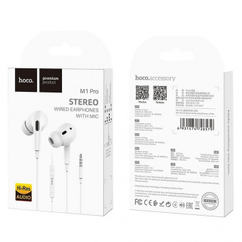 HOCO M1 Pro fülhallgató SZTEREO, 3.5mm jack, mikrofon, felvevő gomb, fehér
