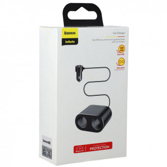BASEUS szivargyújtó adapter, elosztó (2 szivartöltő aljzat, 5V / 3100mA, 80W, 60cm) FEKETE CRDYQ-01