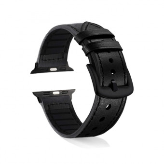 Apple Watch bőr szíj, 38/40 mm, fekete, nemesacél csattal