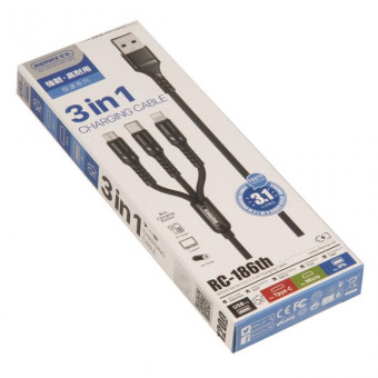 Remax adatkábel 3in1, USB - Lightning/ Type C/ Micro USB 3,1 A, 1,2m, fekete RC-186th