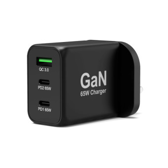 GaN töltő 65W fekete, 2x USB C, USB A 3.0